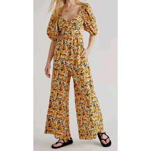 Free People Floral Yellow & Black Printed Amy Jumpsuit Cut Out Back Size M $168